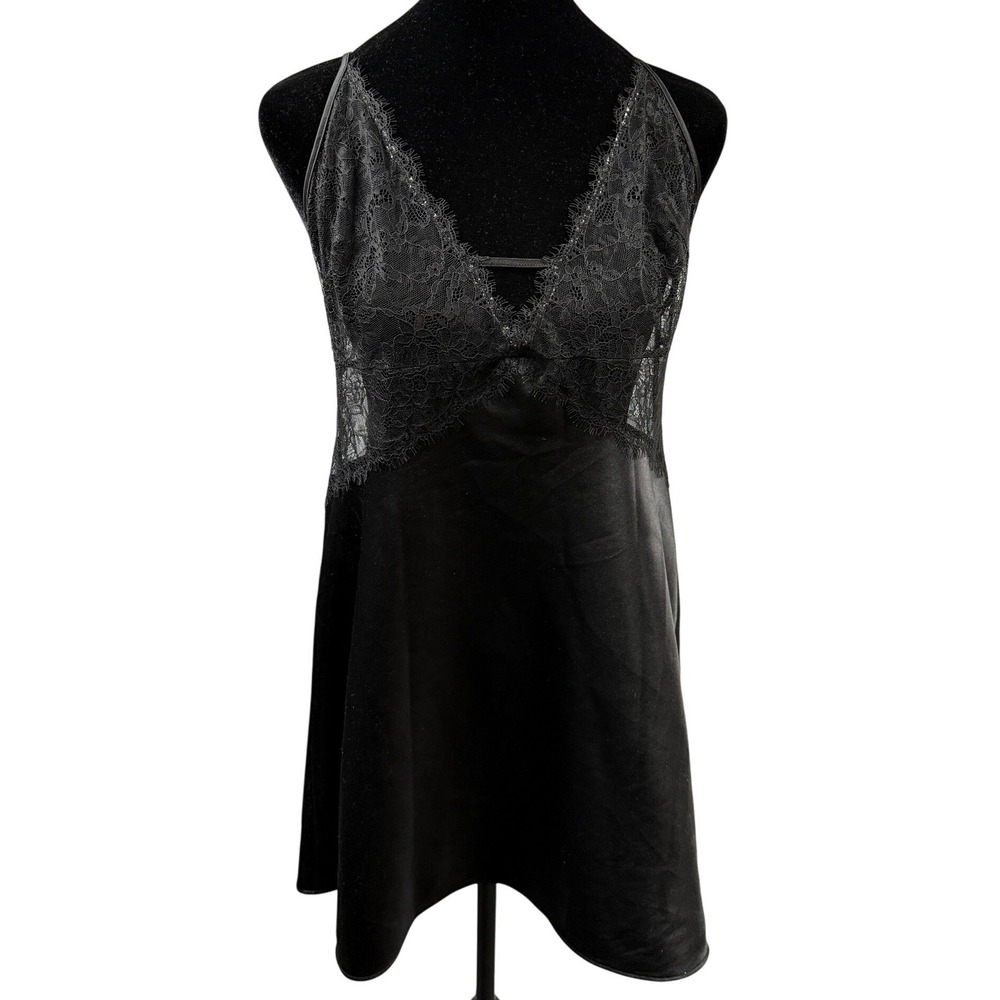 Victoria's‎ Secret Black Lace Trim Satin Chemise Slip Dress Nightie Large Sexy